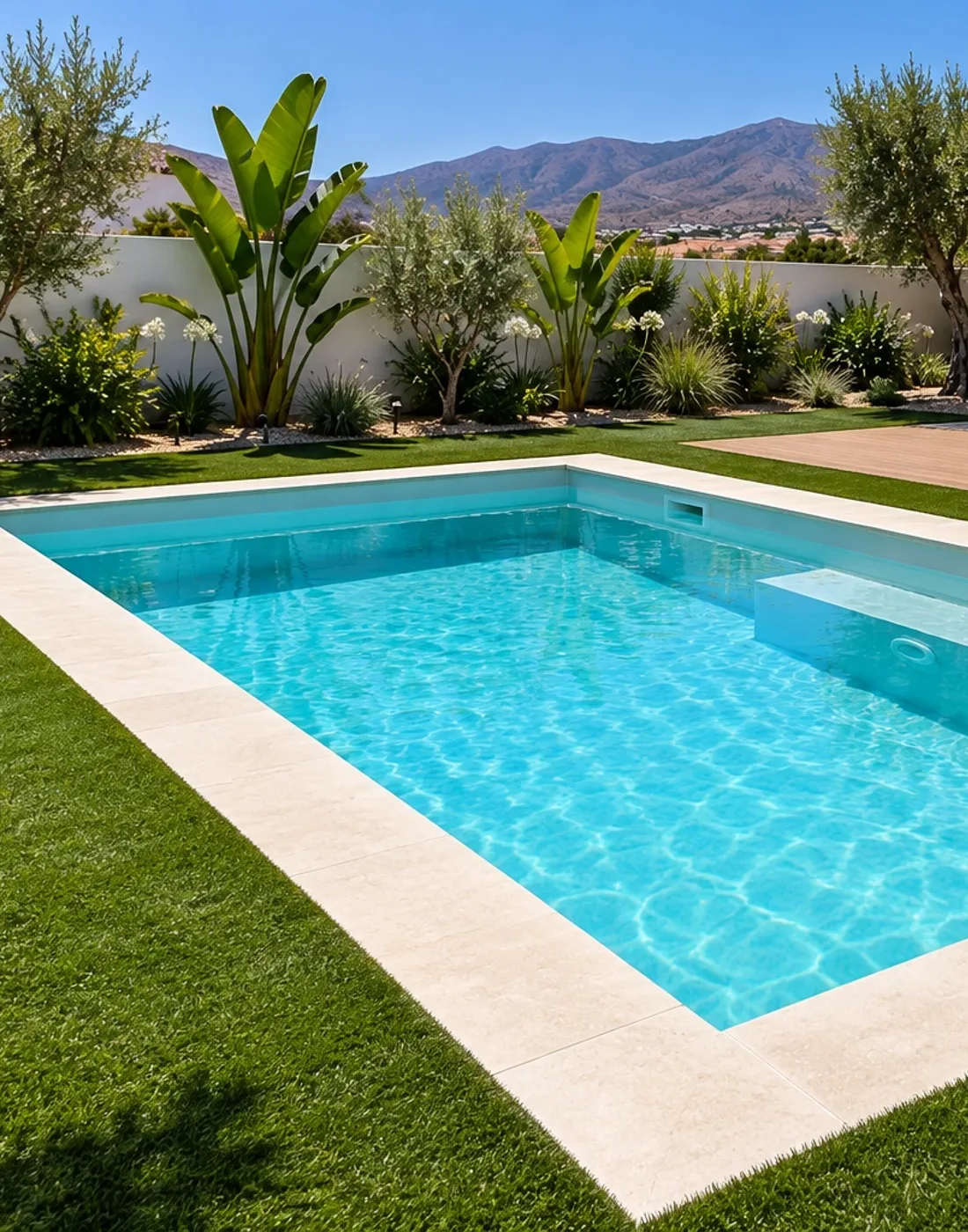 Piscina de poliéster turquesa rodeada de césped artificial, con tarima de madera y tumbonas