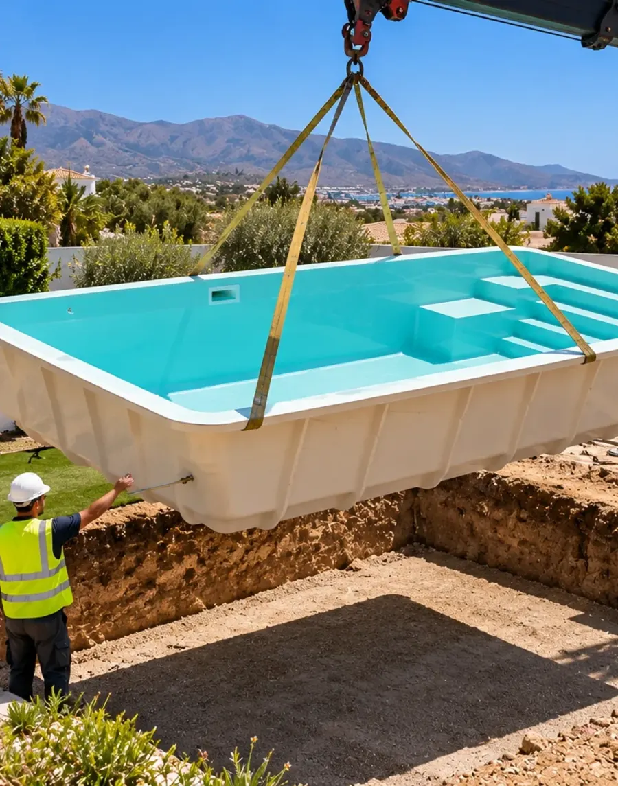Piscina de poliéster suspendida de una grúa sobre el hueco excavado en un jardín